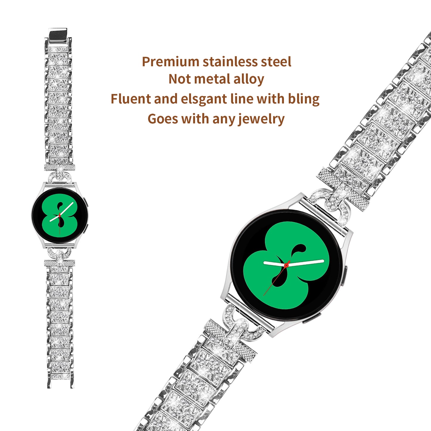 Watch Strap for Samsung Galaxy Watch6 40mm 44mm / Watch6 Classic 43mm 47mm / Watch 5 40mm 44mm / Watch4 40mm 44mm / Watch3 41mm , Stainless Steel 20mm Rhinestone Decor Band