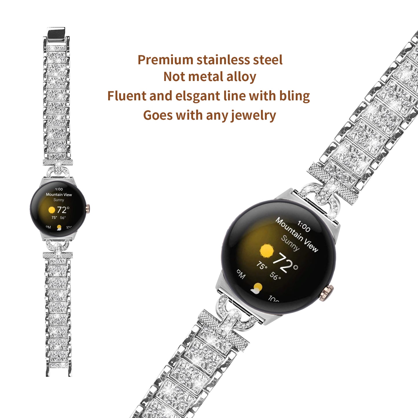 For Google Pixel Watch 2 / Pixel Watch 3-Bead Rhinestone Decor Stainless Steel Strap Watch Band Replacement