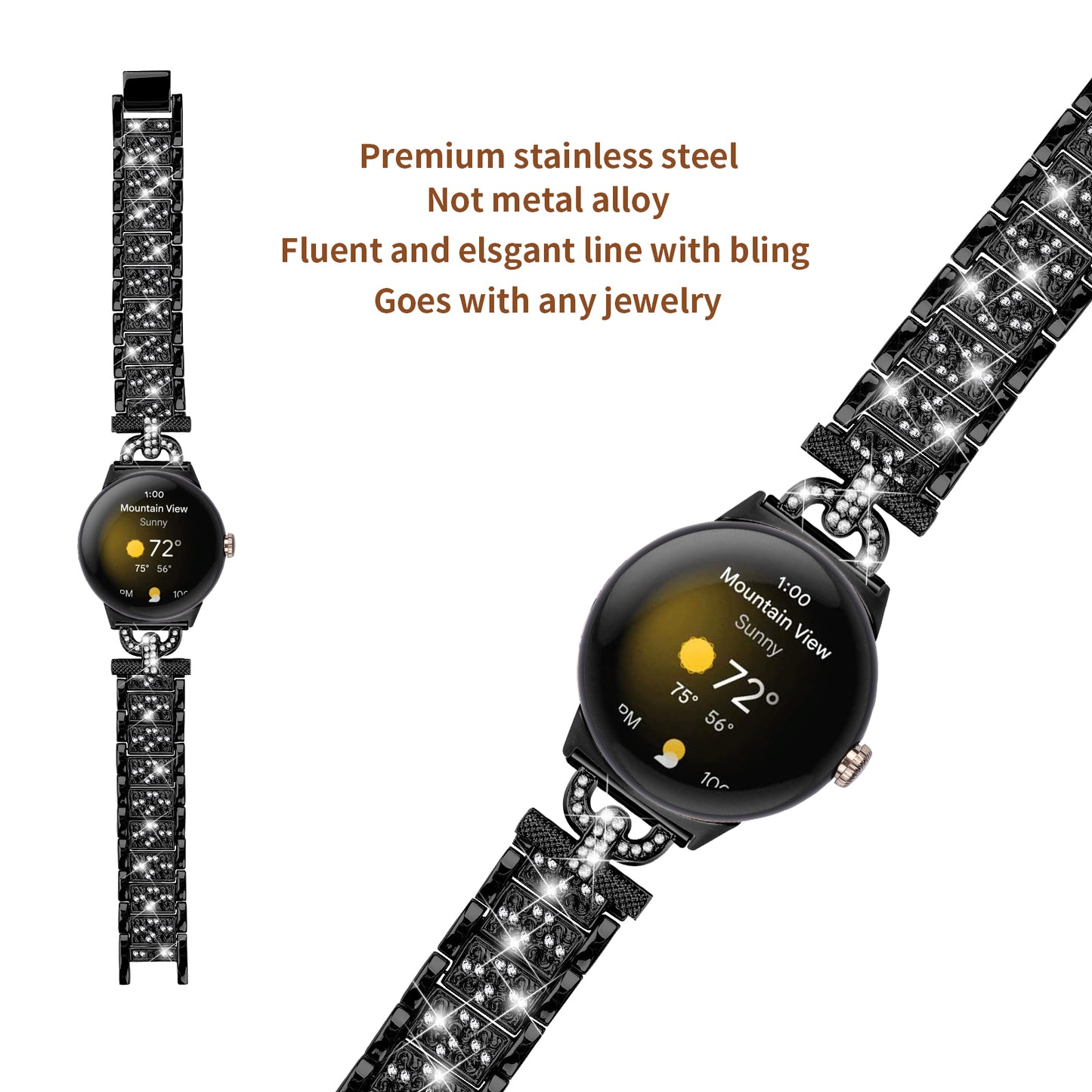 For Google Pixel Watch 2 / Pixel Watch 3-Bead Rhinestone Decor Stainless Steel Strap Watch Band Replacement