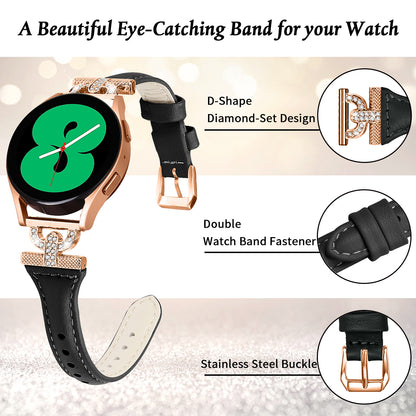 Watch Band for Samsung Galaxy Watch6 40mm 44mm / Watch6 Classic 43mm 47mm / Watch 5 40mm 44mm / Watch4 40mm 44mm , Rhinestone Decor 20mm Genuine Cow Leather Strap with Rose Gold Buckle