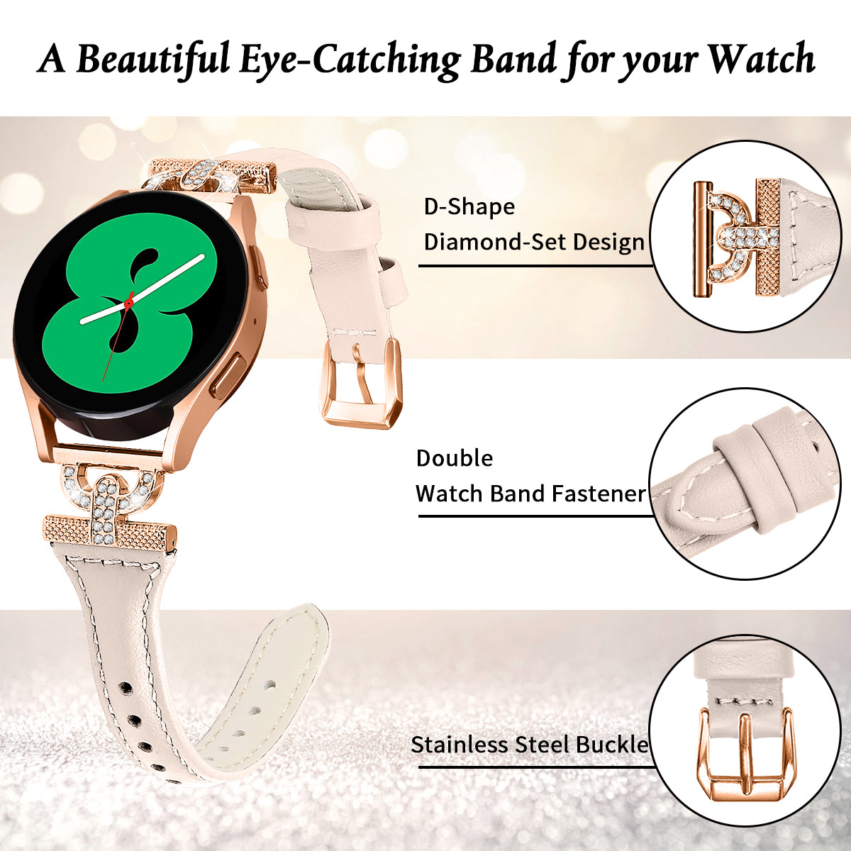 Watch Band for Samsung Galaxy Watch6 40mm 44mm / Watch6 Classic 43mm 47mm / Watch 5 40mm 44mm / Watch4 40mm 44mm , Rhinestone Decor 20mm Genuine Cow Leather Strap with Rose Gold Buckle