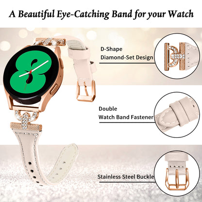 Watch Band for Samsung Galaxy Watch6 40mm 44mm / Watch6 Classic 43mm 47mm / Watch 5 40mm 44mm / Watch4 40mm 44mm , Rhinestone Decor 20mm Genuine Cow Leather Strap with Rose Gold Buckle