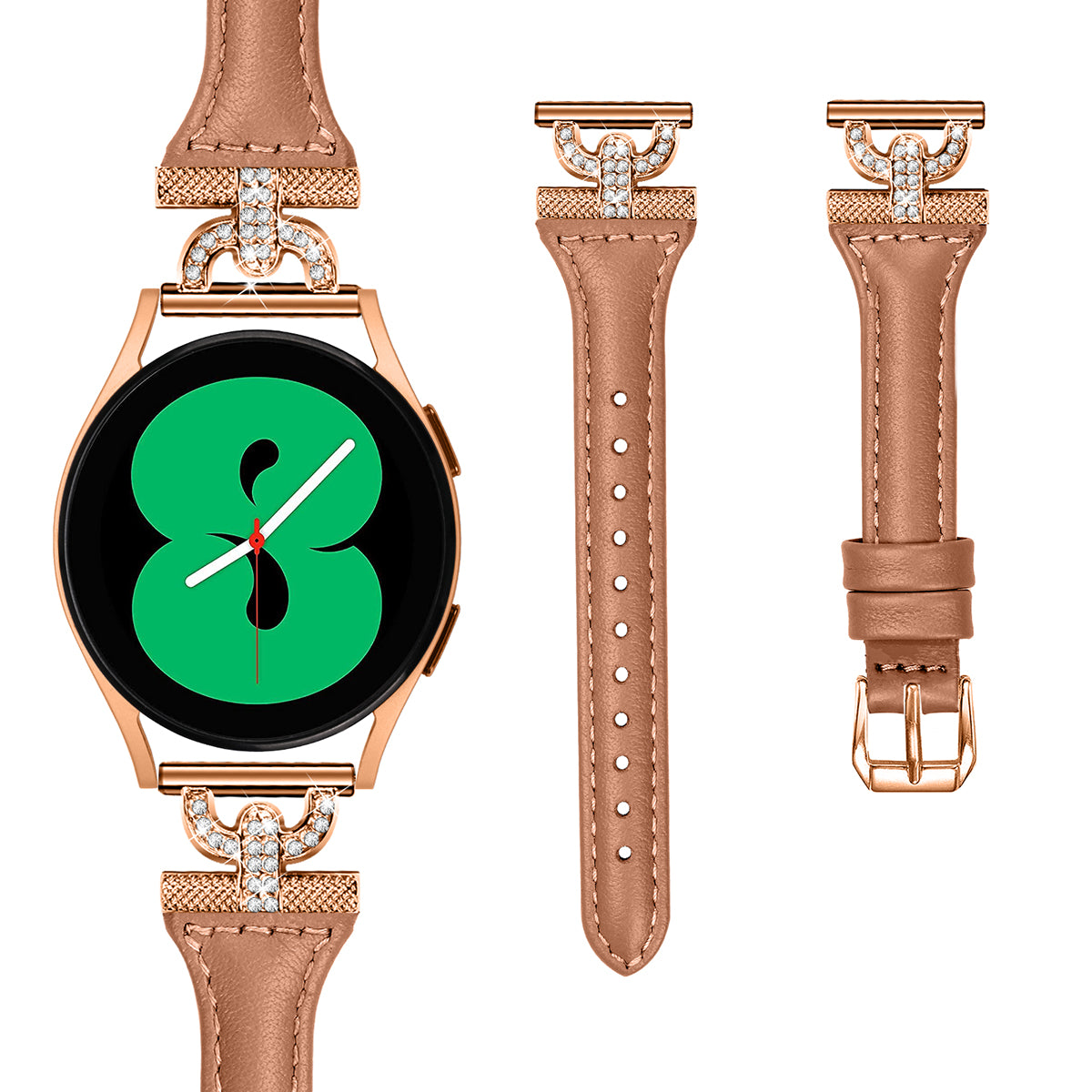 Watch Band for Samsung Galaxy Watch6 40mm 44mm / Watch6 Classic 43mm 47mm / Watch 5 40mm 44mm / Watch4 40mm 44mm , Rhinestone Decor 20mm Genuine Cow Leather Strap with Rose Gold Buckle