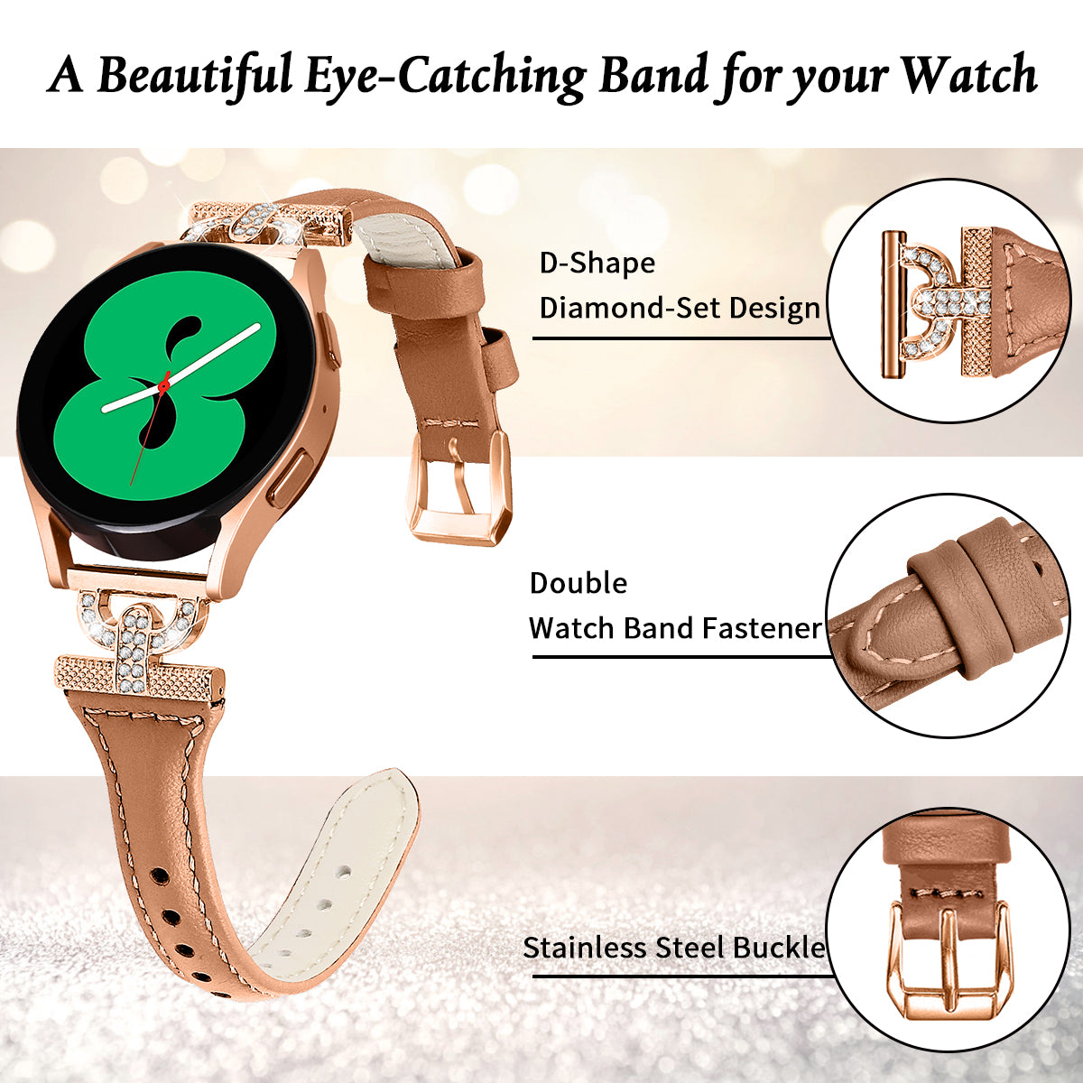 Watch Band for Samsung Galaxy Watch6 40mm 44mm / Watch6 Classic 43mm 47mm / Watch 5 40mm 44mm / Watch4 40mm 44mm , Rhinestone Decor 20mm Genuine Cow Leather Strap with Rose Gold Buckle