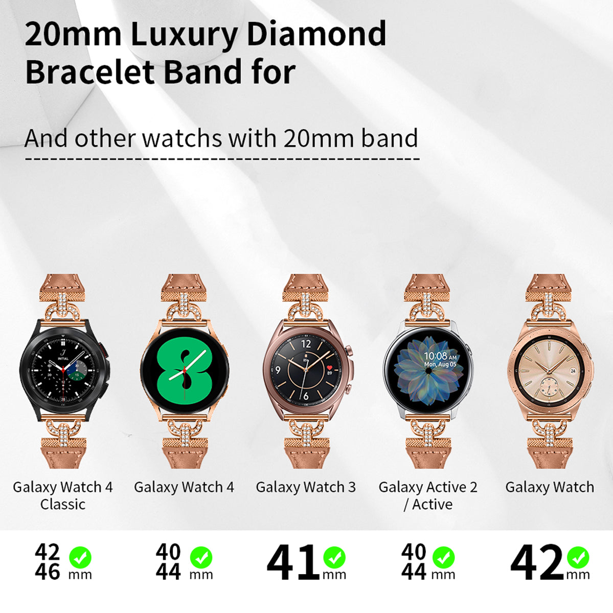 Watch Band for Samsung Galaxy Watch6 40mm 44mm / Watch6 Classic 43mm 47mm / Watch 5 40mm 44mm / Watch4 40mm 44mm , Rhinestone Decor 20mm Genuine Cow Leather Strap with Rose Gold Buckle