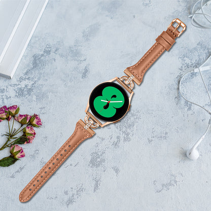 Watch Band for Samsung Galaxy Watch6 40mm 44mm / Watch6 Classic 43mm 47mm / Watch 5 40mm 44mm / Watch4 40mm 44mm , Rhinestone Decor 20mm Genuine Cow Leather Strap with Rose Gold Buckle