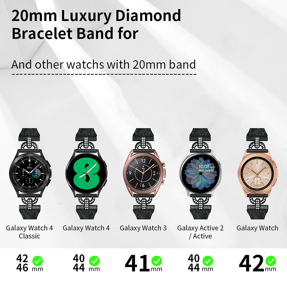 Genuine Cow Leather Band for Samsung Galaxy Watch6 40mm 44mm / Watch6 Classic 43mm 47mm / Watch 5 40mm 44mm / Watch4 40mm 44mm , Rhinestone Decor 20mm Watch Strap with Black Buckle