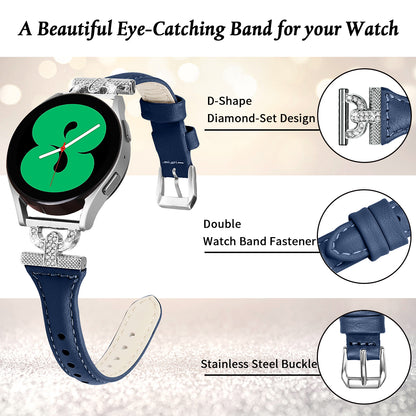 20mm Genuine Cow Leather Band for Samsung Galaxy Watch6 40mm 44mm / Watch6 Classic 43mm 47mm / Watch 5 40mm 44mm / Watch4 40mm 44mm , Rhinestone Decor Watch Strap with Silver Buckle