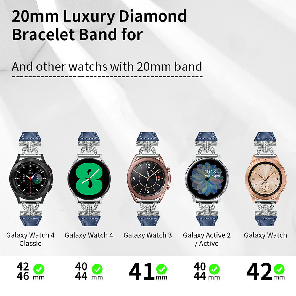 20mm Genuine Cow Leather Band for Samsung Galaxy Watch6 40mm 44mm / Watch6 Classic 43mm 47mm / Watch 5 40mm 44mm / Watch4 40mm 44mm , Rhinestone Decor Watch Strap with Silver Buckle