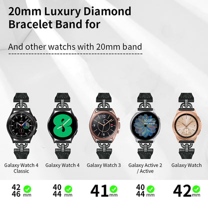 Genuine Cow Leather Band for Samsung Galaxy Watch Active 1 / 2 / 3 40mm 44mm , 20mm Rhinestone Decor Watch Strap with Black Buckle