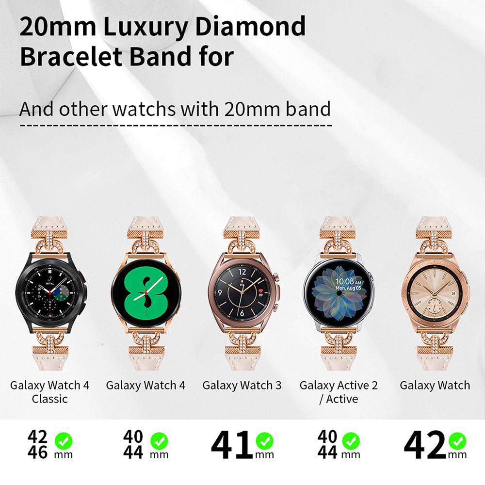 20mm Watch Strap for Samsung Galaxy Watch Active 1 / 2 / 3 40mm 44mm , Genuine Cow Leather Rhinestone Decor Band with Rose Gold Buckle