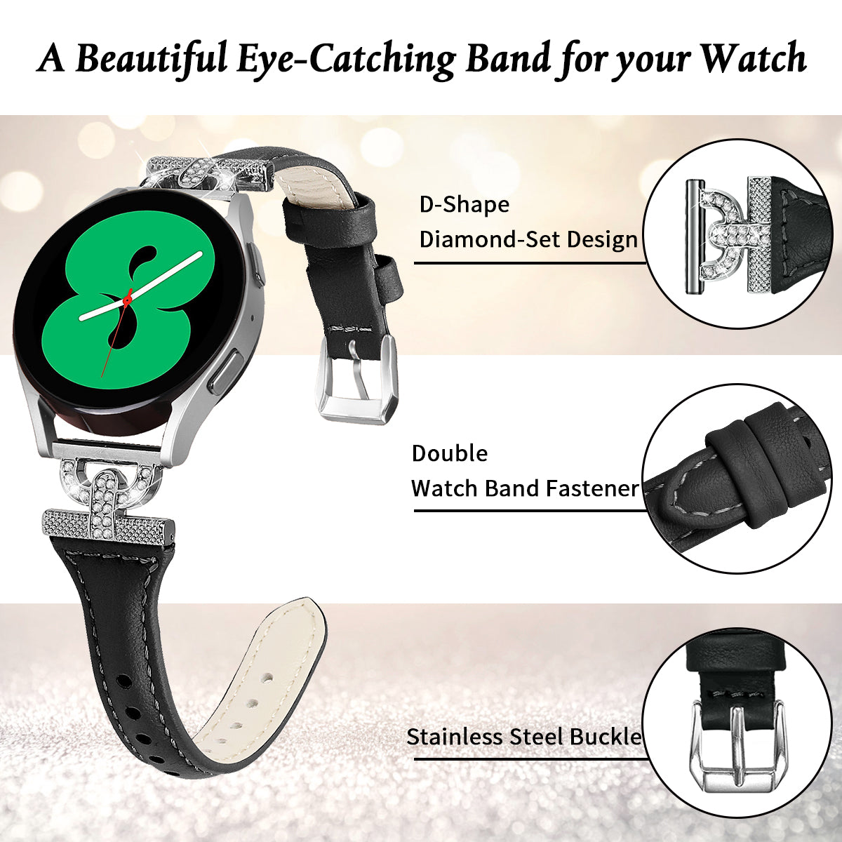 Watch Band for Samsung Galaxy Watch Active 1 / 2 / 3 40mm 44mm , 20mm Genuine Cow Leather Rhinestone Decor Strap with Silver Buckle