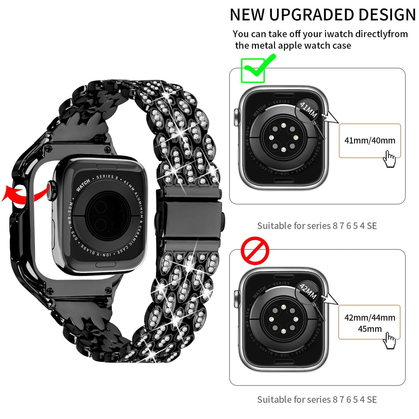 For Apple Watch Series 6 5 4 SE (2022) SE 40mm Watch Band Stainless Steel Rhinestone Decor Strap with Watch Case