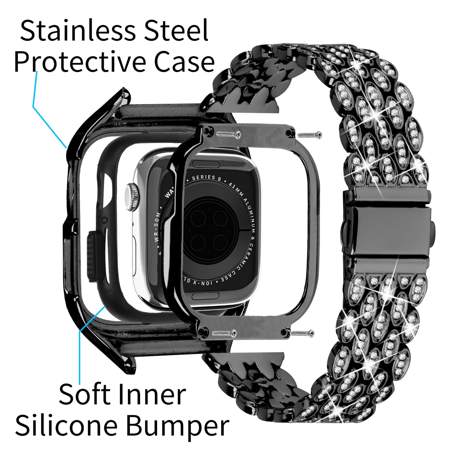 For Apple Watch Series 6 5 4 SE (2022) SE 40mm Watch Band Stainless Steel Rhinestone Decor Strap with Watch Case