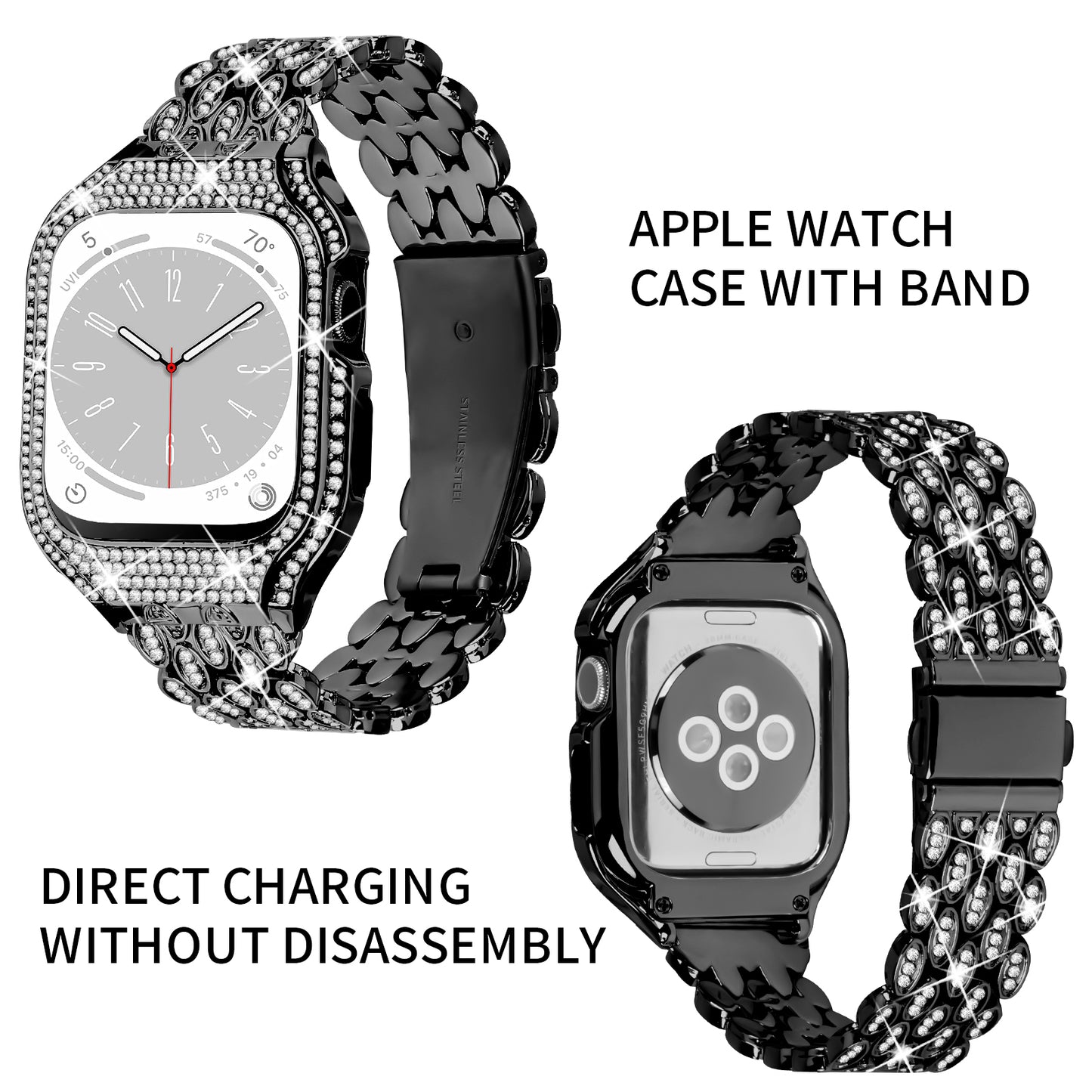 For Apple Watch Series 6 5 4 SE (2022) SE 40mm Watch Band Stainless Steel Rhinestone Decor Strap with Watch Case