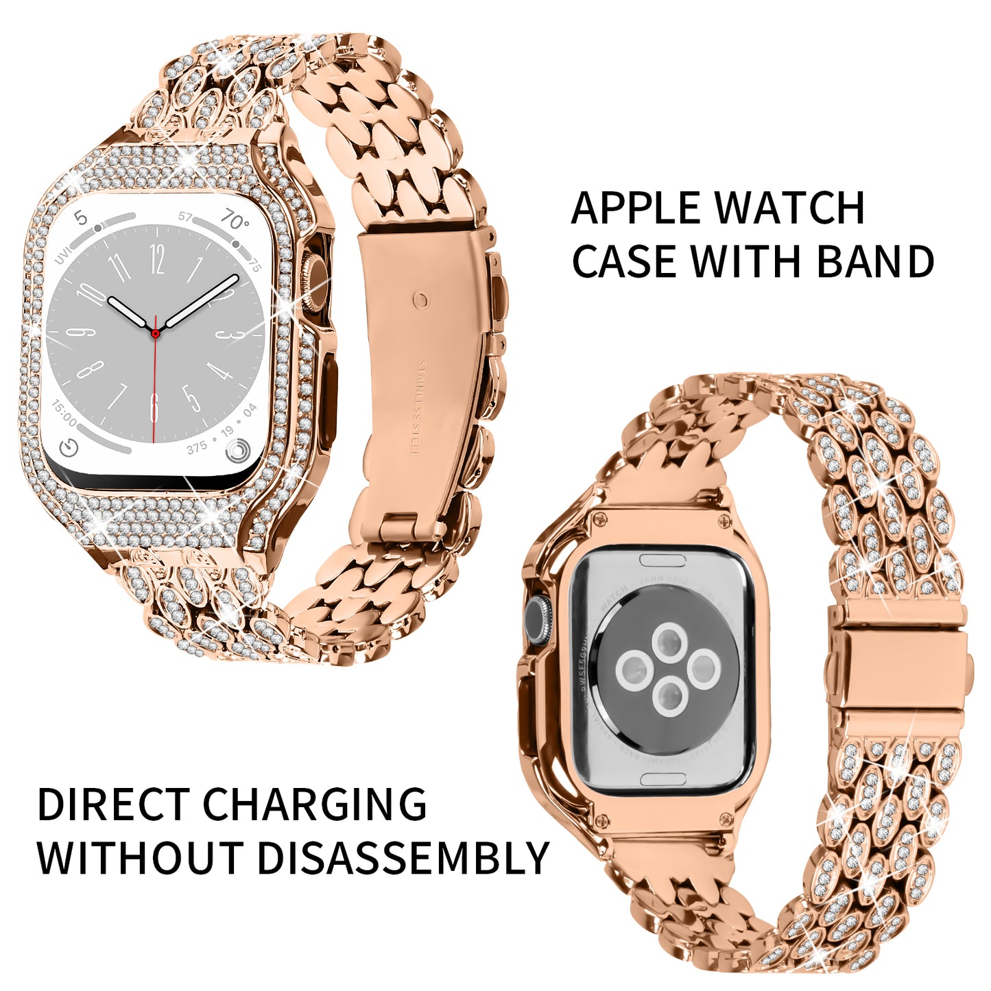 For Apple Watch Series 6 5 4 SE (2022) SE 40mm Watch Band Stainless Steel Rhinestone Decor Strap with Watch Case