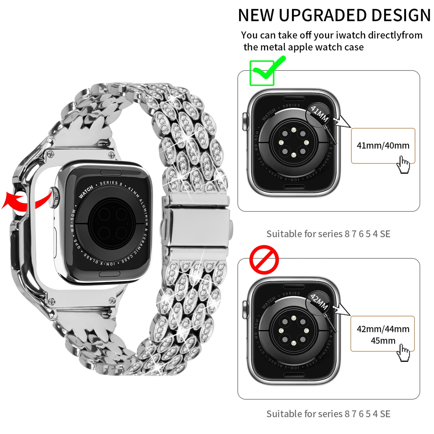 For Apple Watch Series 6 5 4 SE (2022) SE 40mm Watch Band Stainless Steel Rhinestone Decor Strap with Watch Case