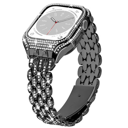 For Apple Watch Series 8 7 41mm Stainless Steel Watch Band Rhinestone Decor Strap with Protective Case