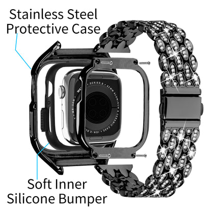 For Apple Watch Series 8 7 41mm Stainless Steel Watch Band Rhinestone Decor Strap with Protective Case