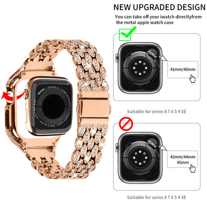 For Apple Watch Series 8 7 41mm Stainless Steel Watch Band Rhinestone Decor Strap with Protective Case