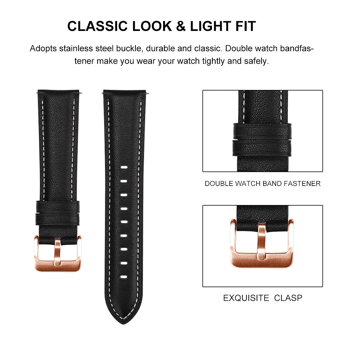 Watch Band for Garmin Venu / Sq / Sq 2 / 2 Plus , 20mm Genuine Cow Leather Strap with Rose Gold Buckle