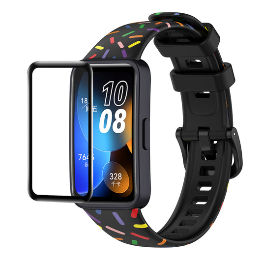 ENKAY HAT PRINCE For Huawei Band 8 Printed Silicone Watch Band with Soft PC Edge PMMA Screen Film