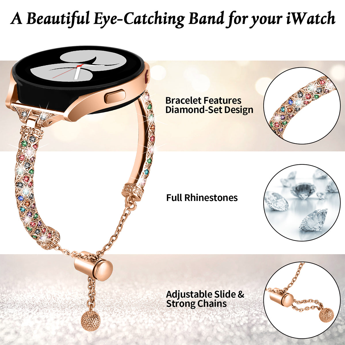 20mm Watch Band for Samsung Galaxy Watch 6 40mm 44mm , Rhinestone Decor Bracelet Copper Wristband Strap