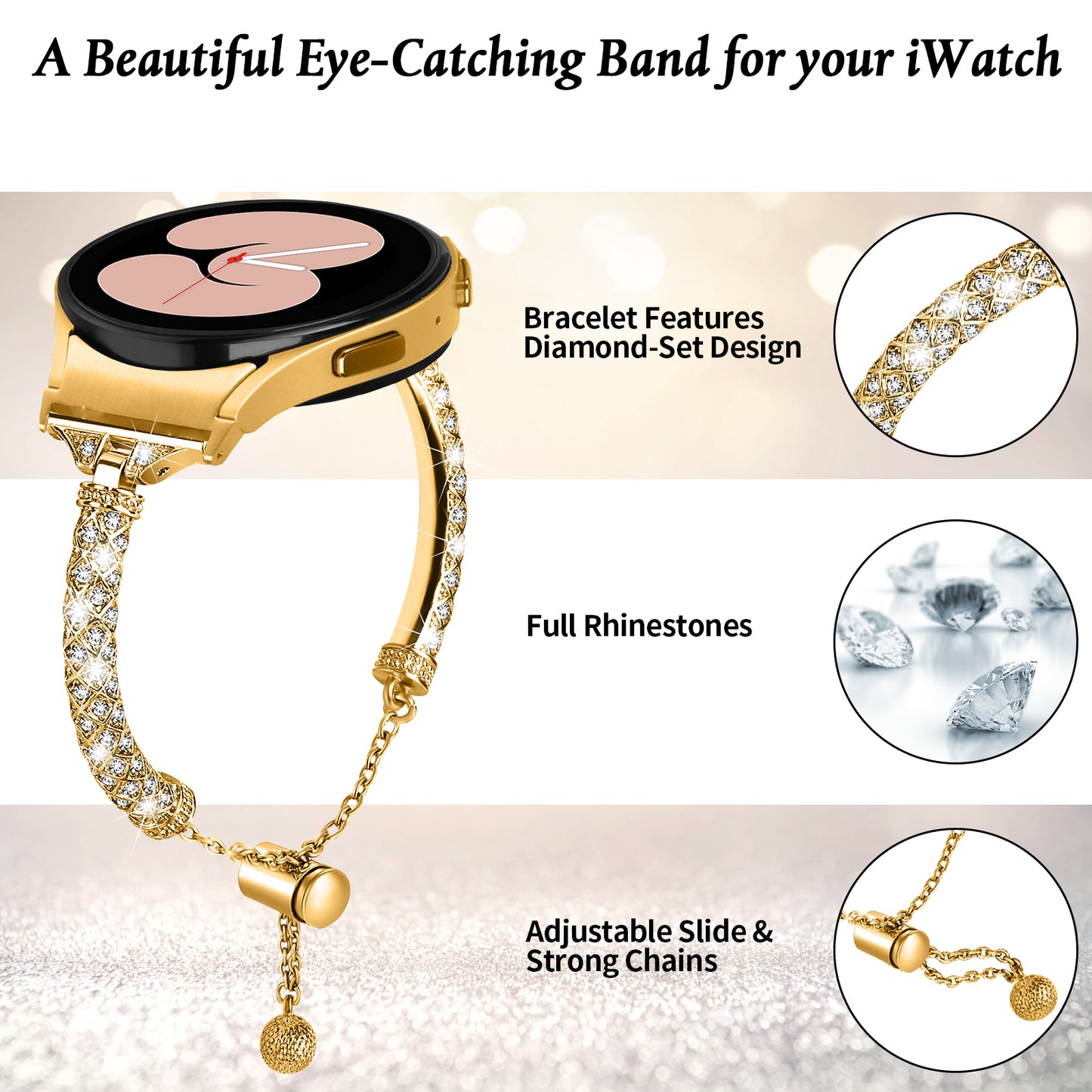 Metal Watch Band for Samsung Galaxy Watch 6 40mm 44mm , Rhinestone Decor Copper Strap Bracelet with Connector