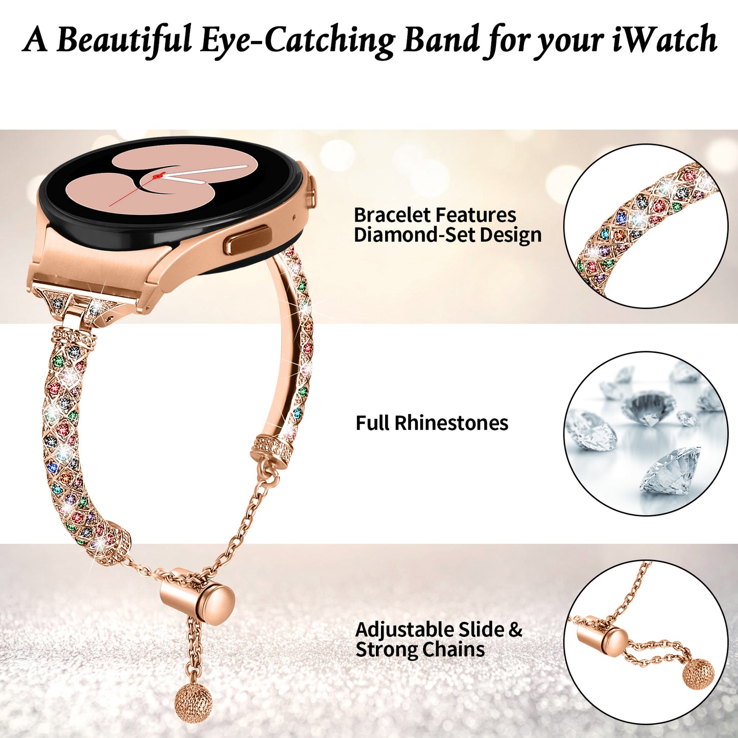 Metal Watch Band for Samsung Galaxy Watch 6 40mm 44mm , Rhinestone Decor Copper Strap Bracelet with Connector