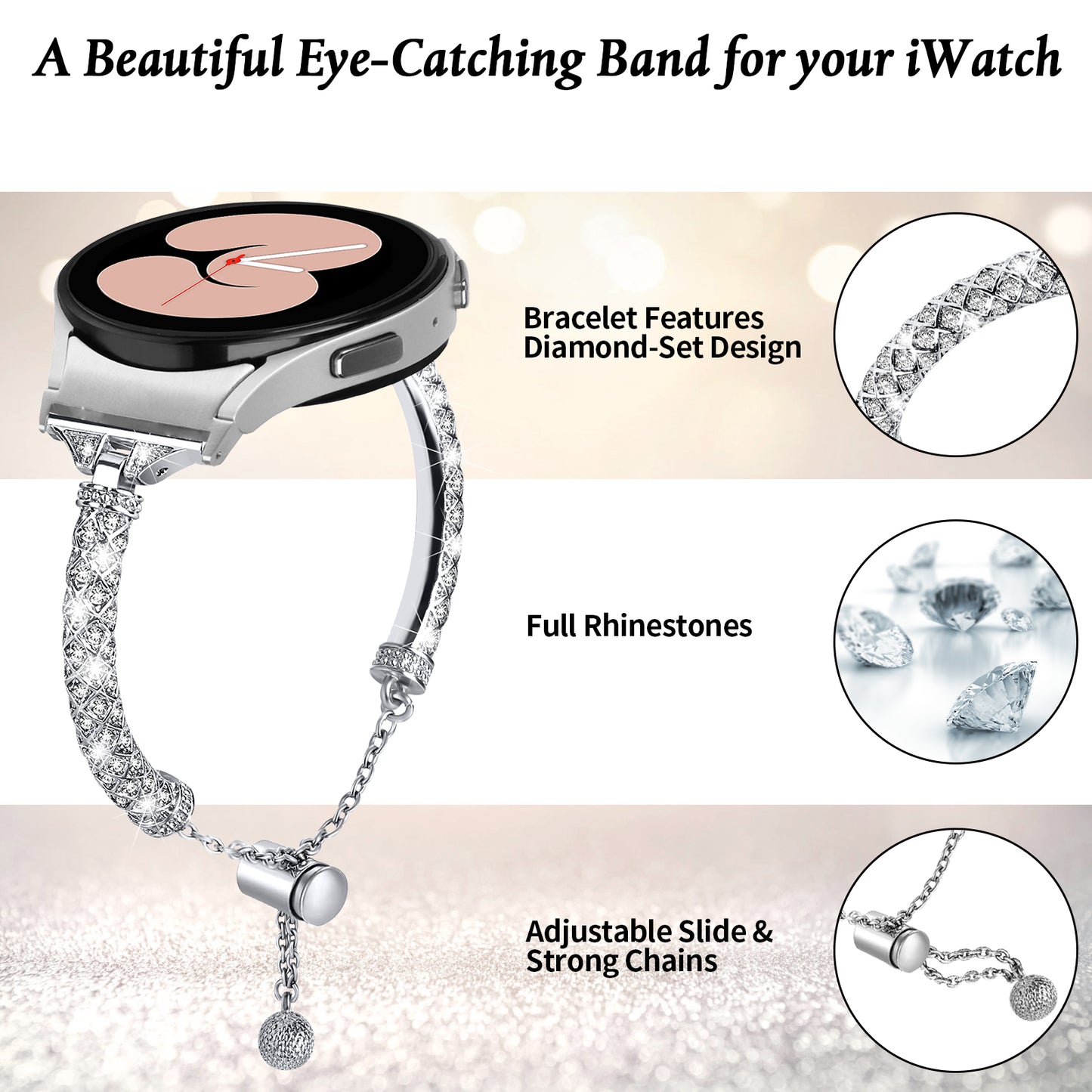 Metal Watch Band for Samsung Galaxy Watch 6 40mm 44mm , Rhinestone Decor Copper Strap Bracelet with Connector