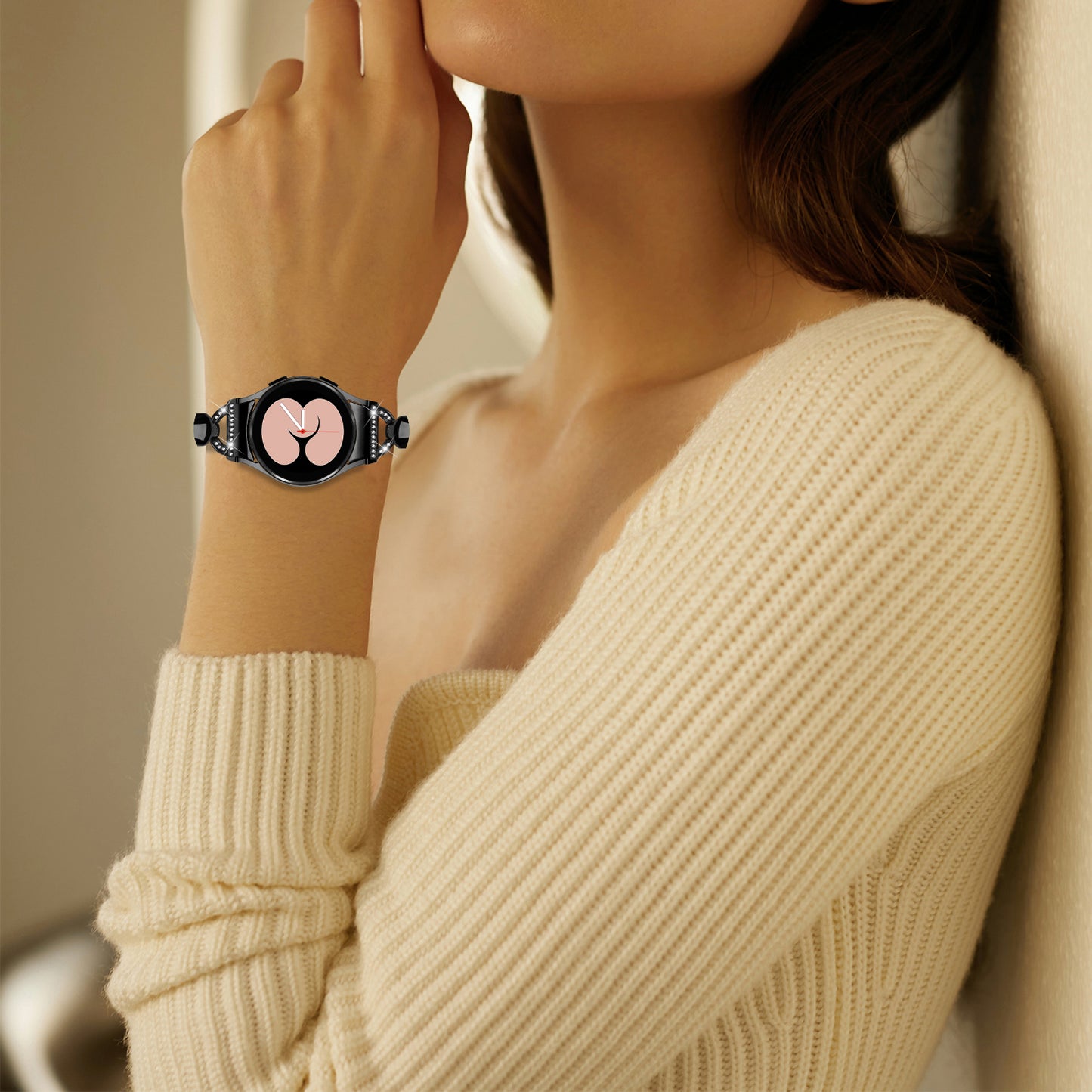 Watch Band for Samsung Galaxy Watch 6 40mm 44mm , D-shaped Rhinestone Decor Copper Metal Bracelet with Connector