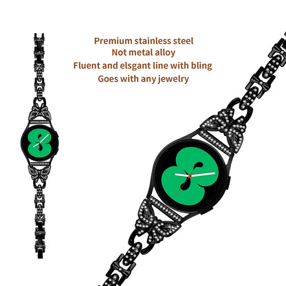 For Samsung Galaxy Watch6 40mm 44mm Stainless Steel Watch Strap Butterfly Rhinestone Decor 20mm Metal Band