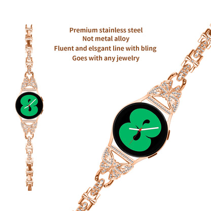 For Samsung Galaxy Watch6 40mm 44mm Stainless Steel Watch Strap Butterfly Rhinestone Decor 20mm Metal Band