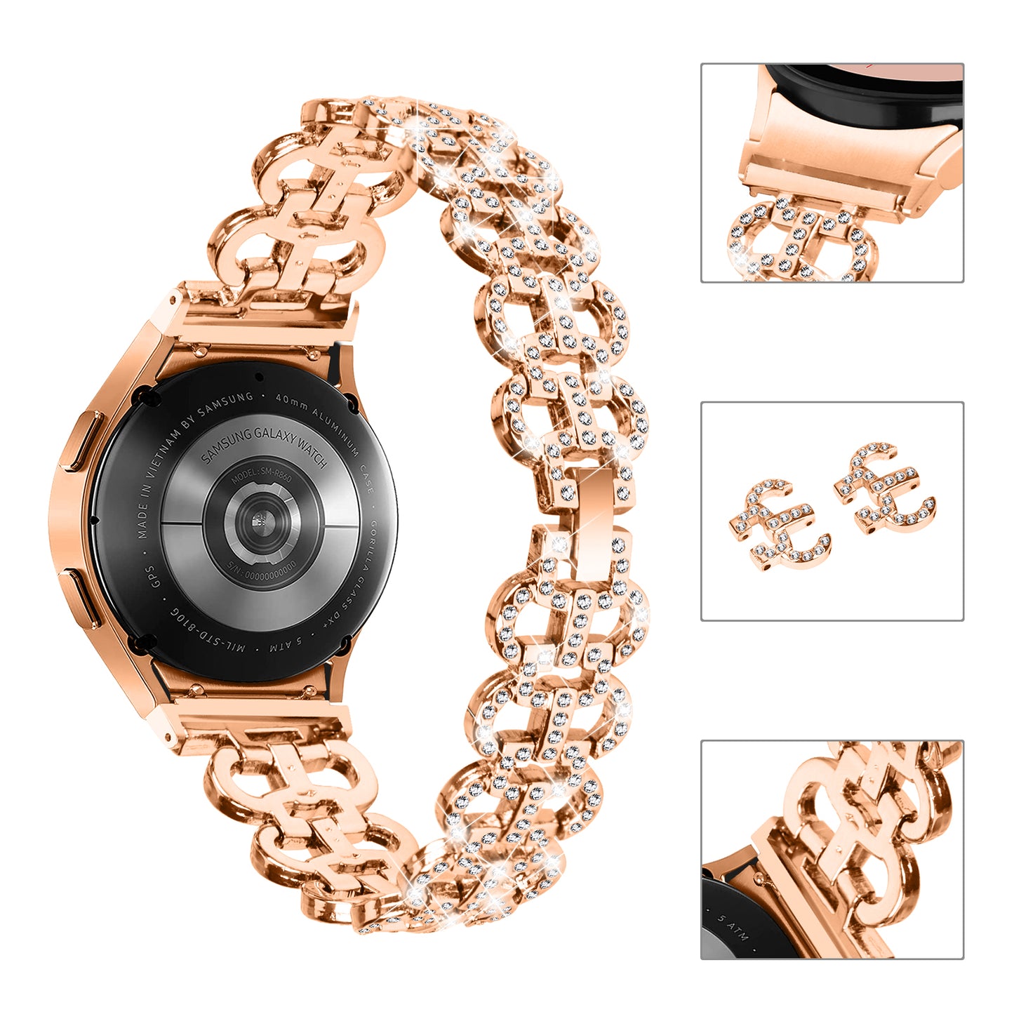 For Samsung Galaxy Watch6 40 / 44mm Rhinestone Metal Watch Strap Hollow Breathable Watchband with Connector