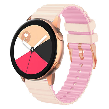 Horizontal Stripes Watch Band for Samsung Galaxy Watch6 / Watch6 Classic / Watch 5 / Watch 5 Pro / Watch4 / Watch4 Classic , Dual-color 20mm Silicone Strap with Rose Gold Buckle