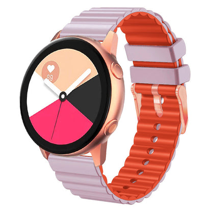 Horizontal Stripes Watch Band for Samsung Galaxy Watch6 / Watch6 Classic / Watch 5 / Watch 5 Pro / Watch4 / Watch4 Classic , Dual-color 20mm Silicone Strap with Rose Gold Buckle