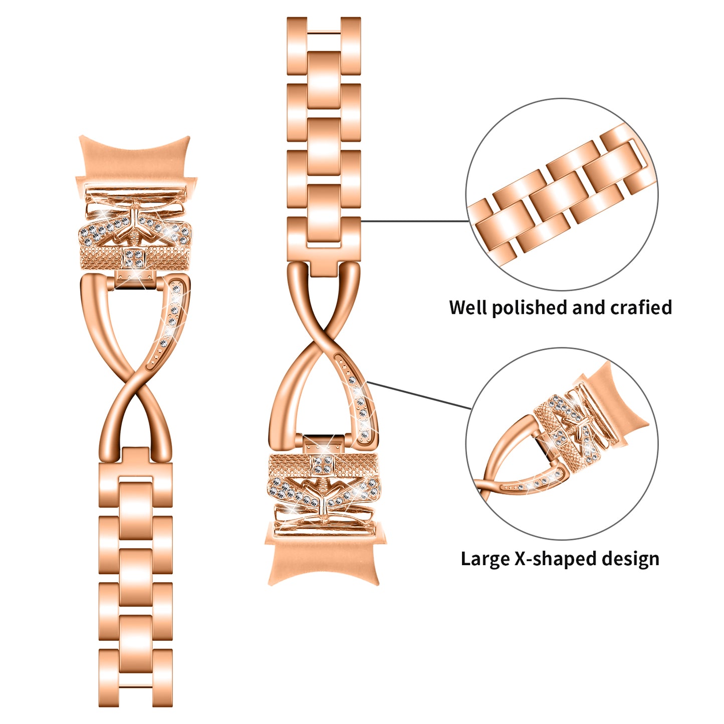 For Samsung Galaxy Watch4 40 / 44mm / Watch4 Classic 42 / 46mm / Watch 5 40 / 44mm Zinc Alloy Watchband with Connector, Rhinestones Decor Crown X-Shape Watch Strap