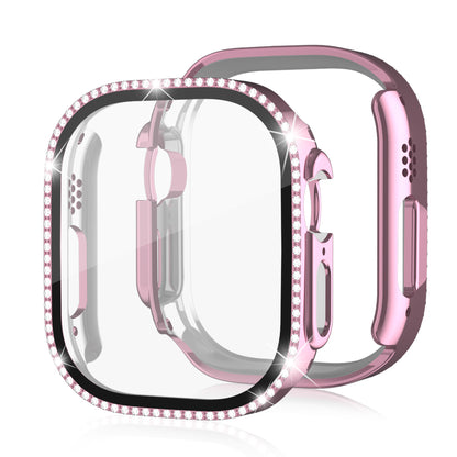 For Apple Watch Ultra 2 49mm / Ultra 49mm PC Frame + Tempered Glass Screen Film Watch Protector with Single-Row Rhinestone