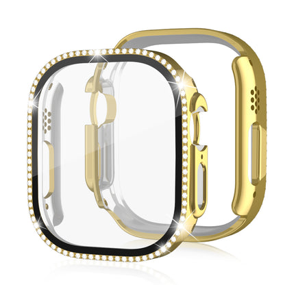 For Apple Watch Ultra 2 49mm / Ultra 49mm PC Frame + Tempered Glass Screen Film Watch Protector with Single-Row Rhinestone