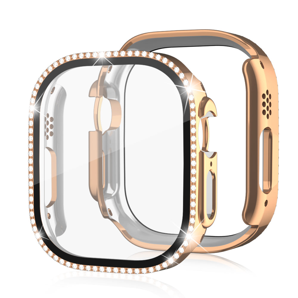 For Apple Watch Ultra 2 49mm / Ultra 49mm PC Frame + Tempered Glass Screen Film Watch Protector with Single-Row Rhinestone