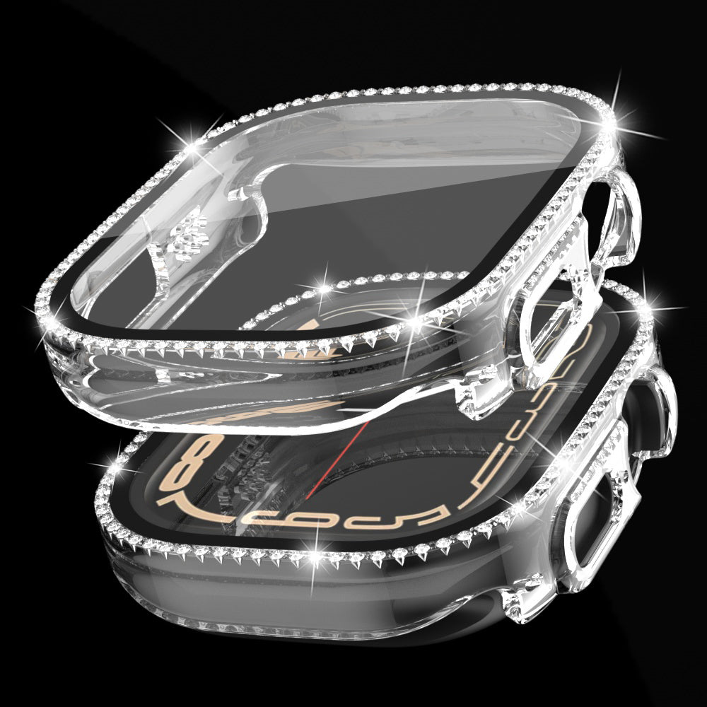 For Apple Watch Ultra 2 49mm / Ultra 49mm PC Frame + Tempered Glass Screen Film Watch Protector with Single-Row Rhinestone