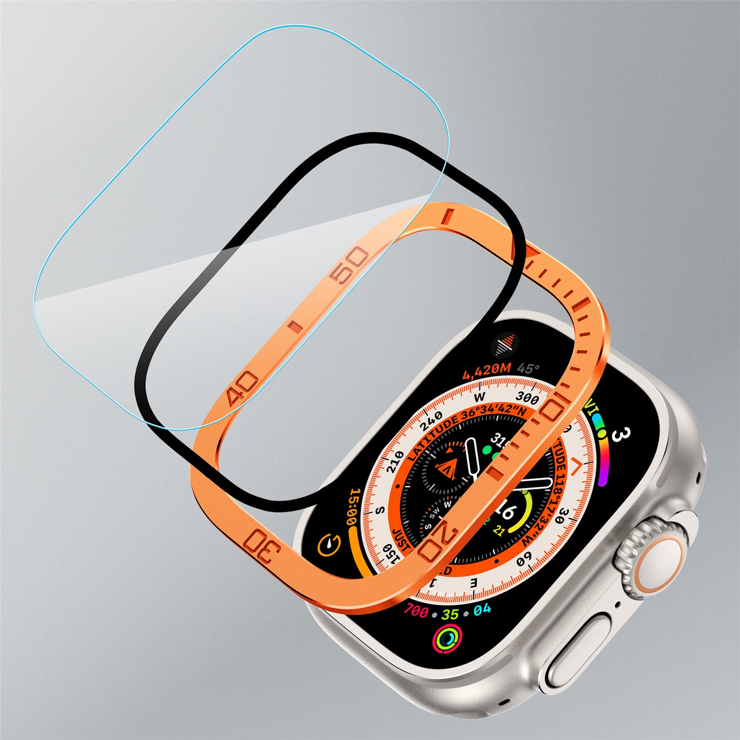 For Apple Watch Ultra 2 49mm / Ultra 49mm Tempered Glass Screen Protector Numbers Marker Metal Frame with Built-in Clear Film