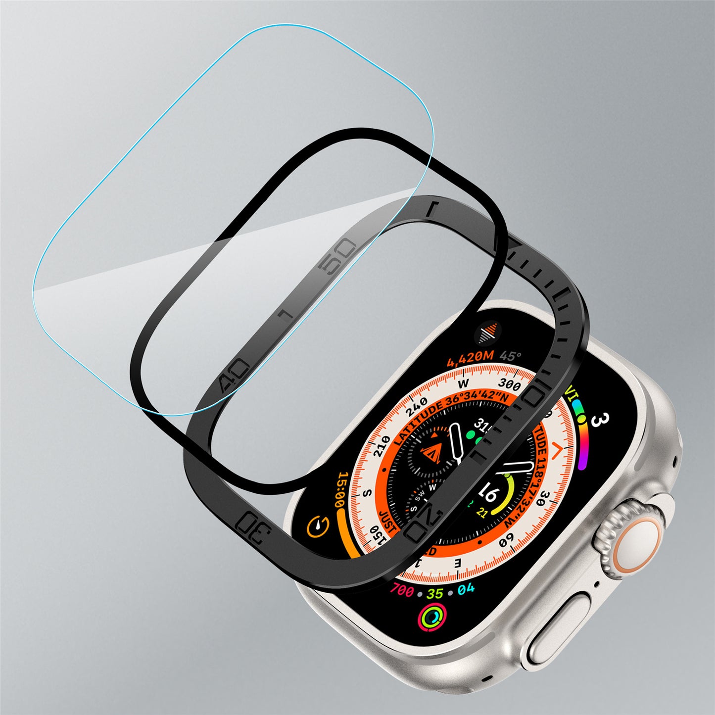 For Apple Watch Ultra 2 49mm / Ultra 49mm Tempered Glass Screen Protector Numbers Marker Metal Frame with Built-in Clear Film