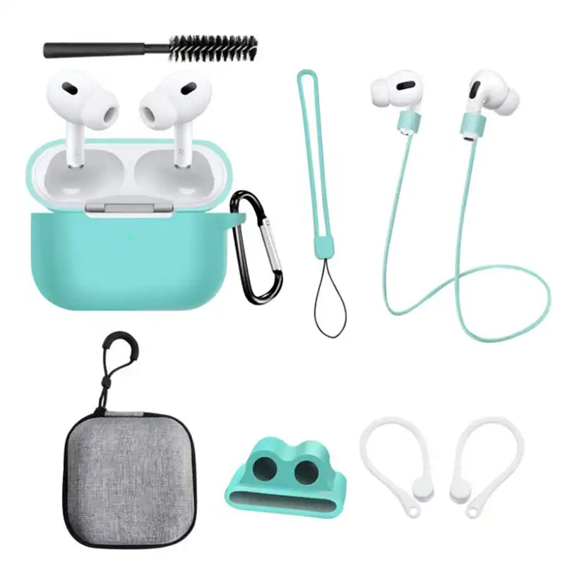 8 in 1 Portable Storage Bag Set for AirPods Pro 2 Silicone Case with Strap / Neck Strap / Cleaning Brush