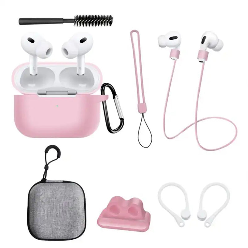 8 in 1 Portable Storage Bag Set for AirPods Pro 2 Silicone Case with Strap / Neck Strap / Cleaning Brush