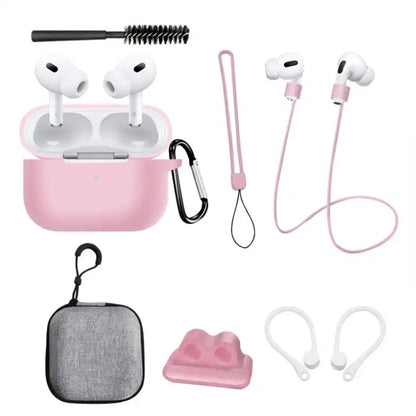 8 in 1 Portable Storage Bag Set for AirPods Pro 2 Silicone Case with Strap / Neck Strap / Cleaning Brush