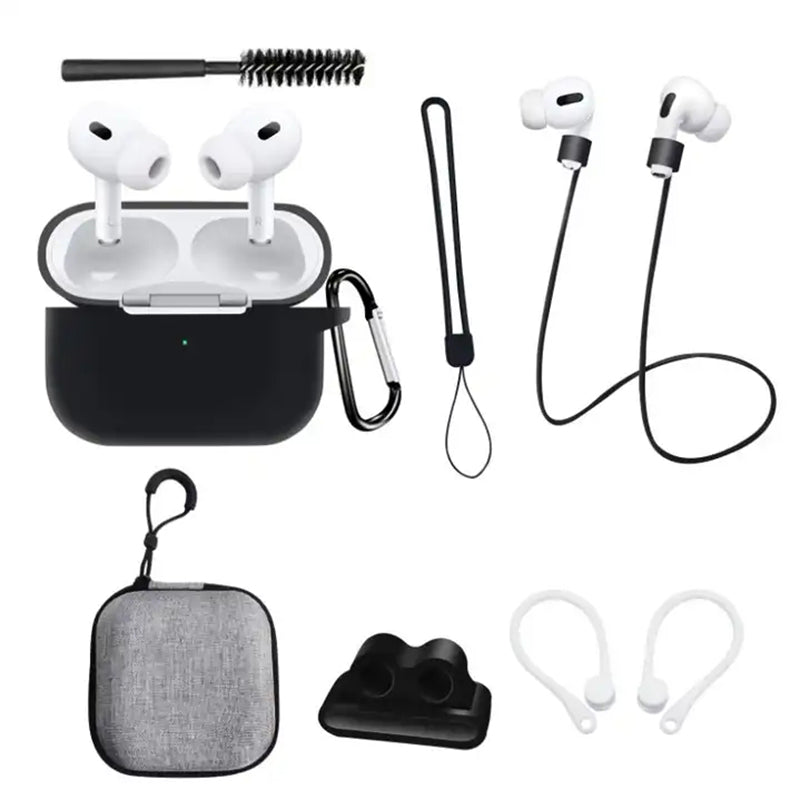 8 in 1 Portable Storage Bag Set for AirPods Pro 2 Silicone Case with Strap / Neck Strap / Cleaning Brush