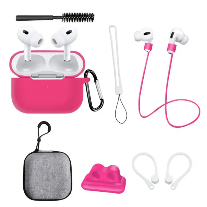 8 in 1 Portable Storage Bag Set for AirPods Pro 2 Silicone Case with Strap / Neck Strap / Cleaning Brush