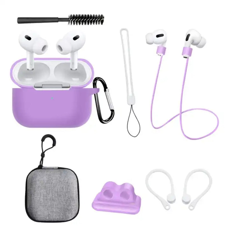 8 in 1 Portable Storage Bag Set for AirPods Pro 2 Silicone Case with Strap / Neck Strap / Cleaning Brush