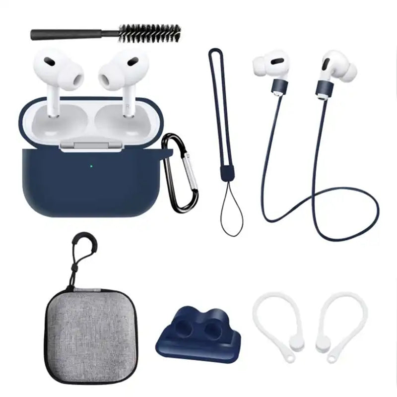 8 in 1 Portable Storage Bag Set for AirPods Pro 2 Silicone Case with Strap / Neck Strap / Cleaning Brush